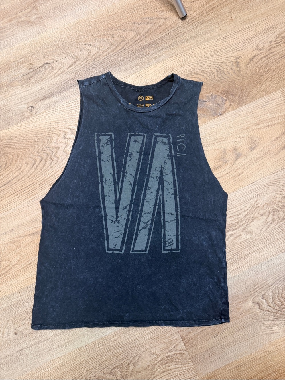 RVCA Black Muscle Tee with Distressed Gray VA Logo